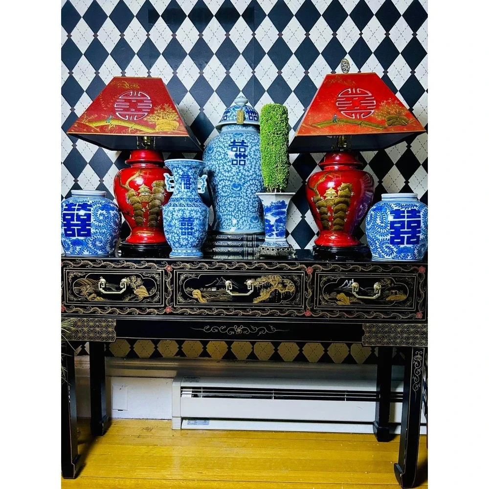 Pair Large Chinese Chinoiserie Red Lacquer Lamps Pagoda Shades Hollywood Regency
